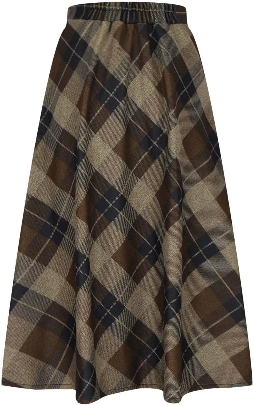 Women's Retro Woolen Plaid Skirt Winter Fall Warm High Waisted Maxi Skirt A line Flared Pleated Tartan Skirts
