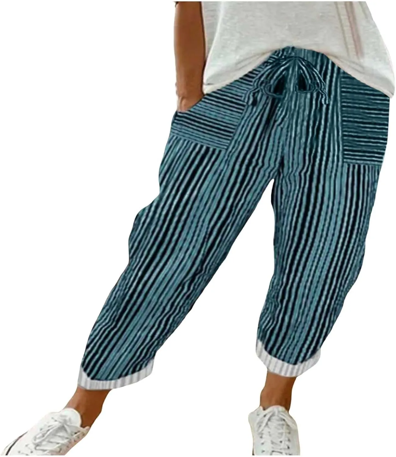 Women's Striped Wide Straight Leg Pants Palazzo High Waisted Drawstring Casual Long Trousers Baggy Loose Fit Bottoms