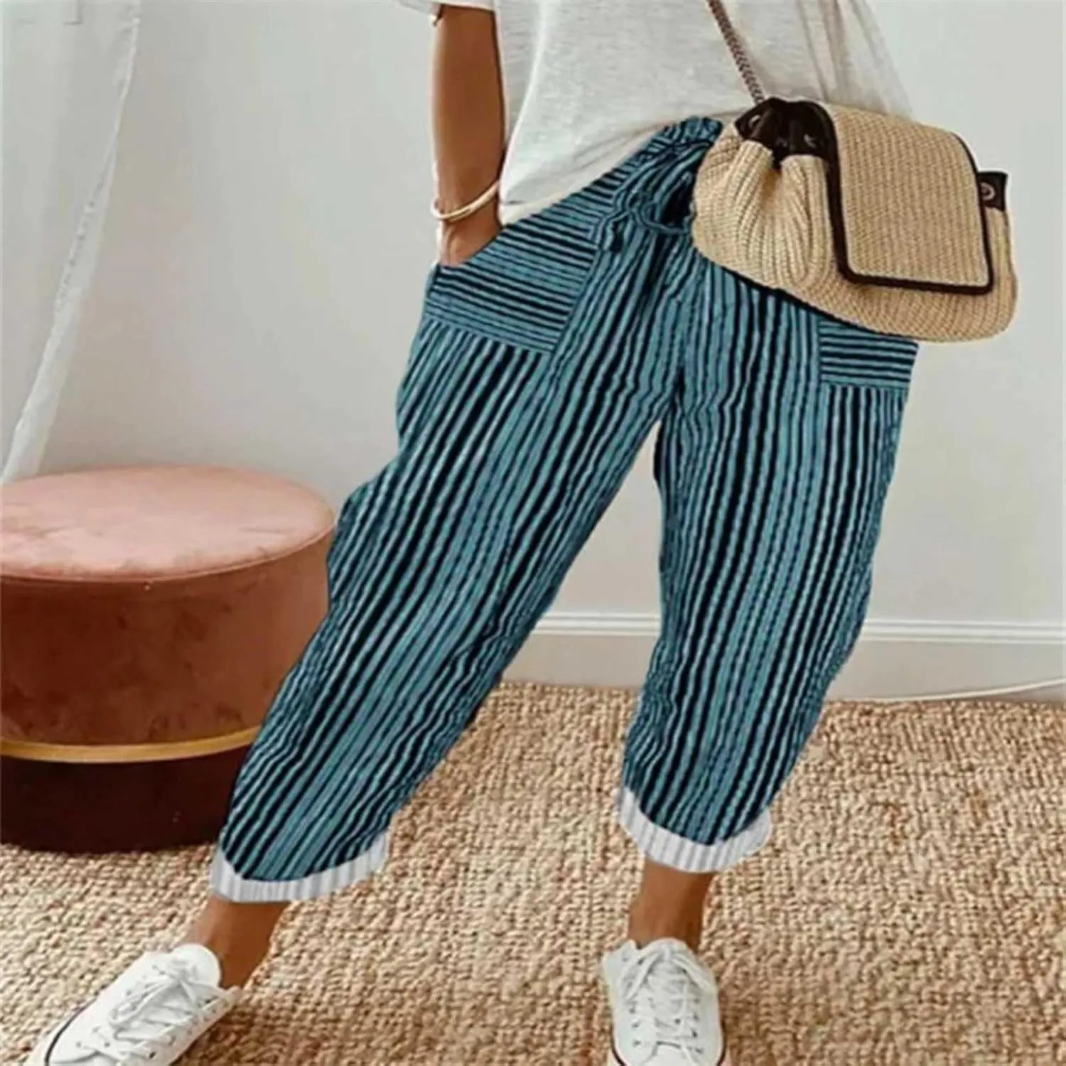 Women's Striped Wide Straight Leg Pants Palazzo High Waisted Drawstring Casual Long Trousers Baggy Loose Fit Bottoms