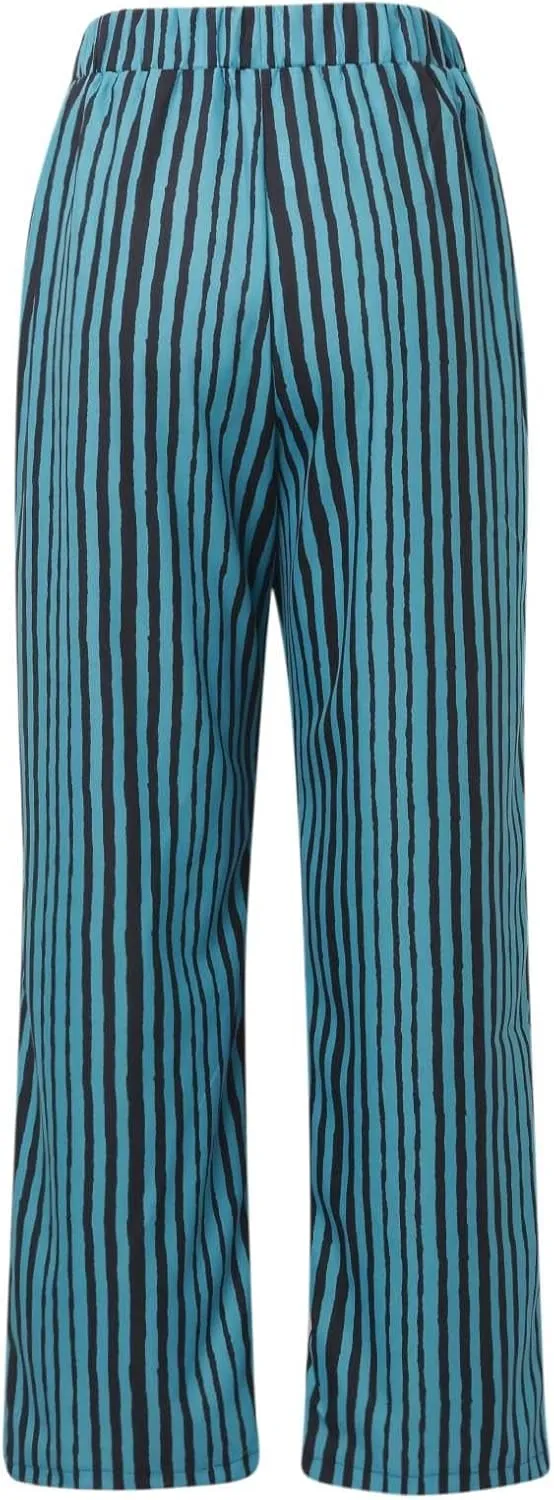Women's Striped Wide Straight Leg Pants Palazzo High Waisted Drawstring Casual Long Trousers Baggy Loose Fit Bottoms