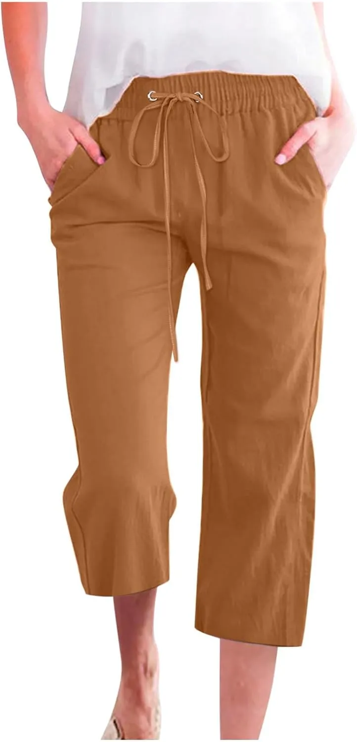 Womens Summer Capri Pants Casual Cotton Linen Tapered High Waist Drawstring Cinch Bottom Loose Trouser with Pockets