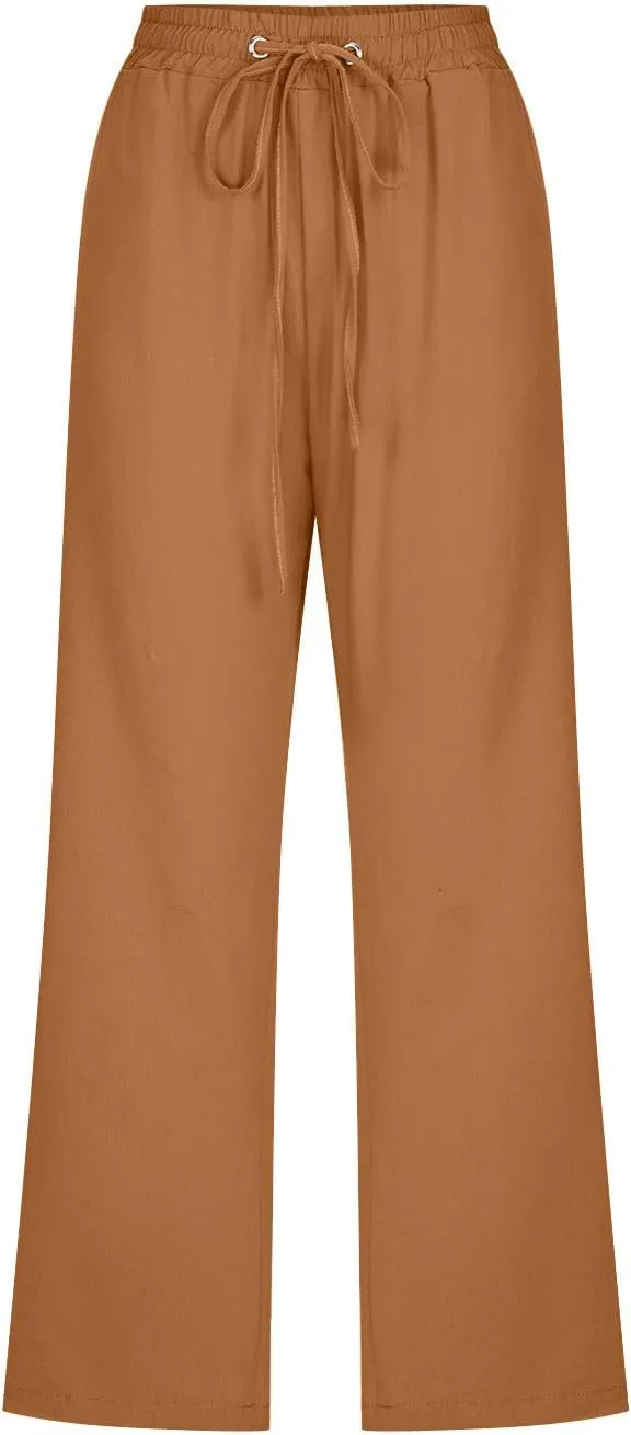 Womens Summer Capri Pants Casual Cotton Linen Tapered High Waist Drawstring Cinch Bottom Loose Trouser with Pockets