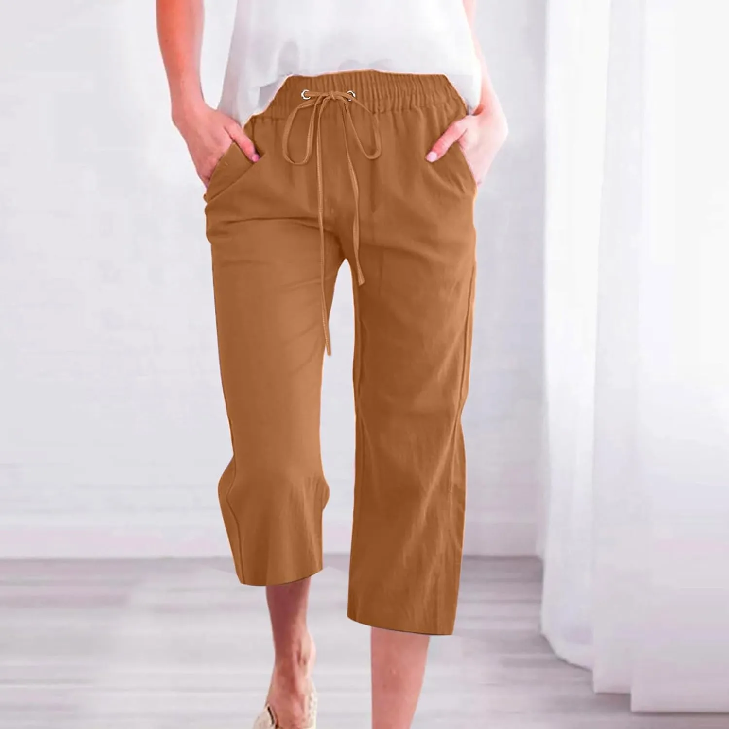 Womens Summer Capri Pants Casual Cotton Linen Tapered High Waist Drawstring Cinch Bottom Loose Trouser with Pockets