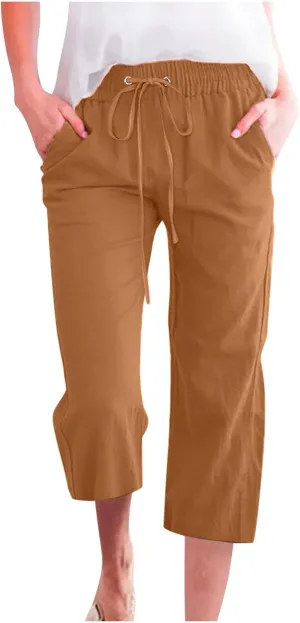 Womens Summer Capri Pants Casual Cotton Linen Tapered High Waist Drawstring Cinch Bottom Loose Trouser with Pockets