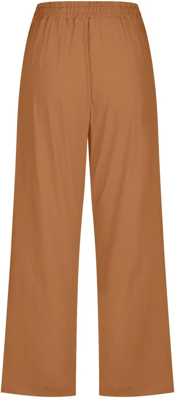 Womens Summer Capri Pants Casual Cotton Linen Tapered High Waist Drawstring Cinch Bottom Loose Trouser with Pockets
