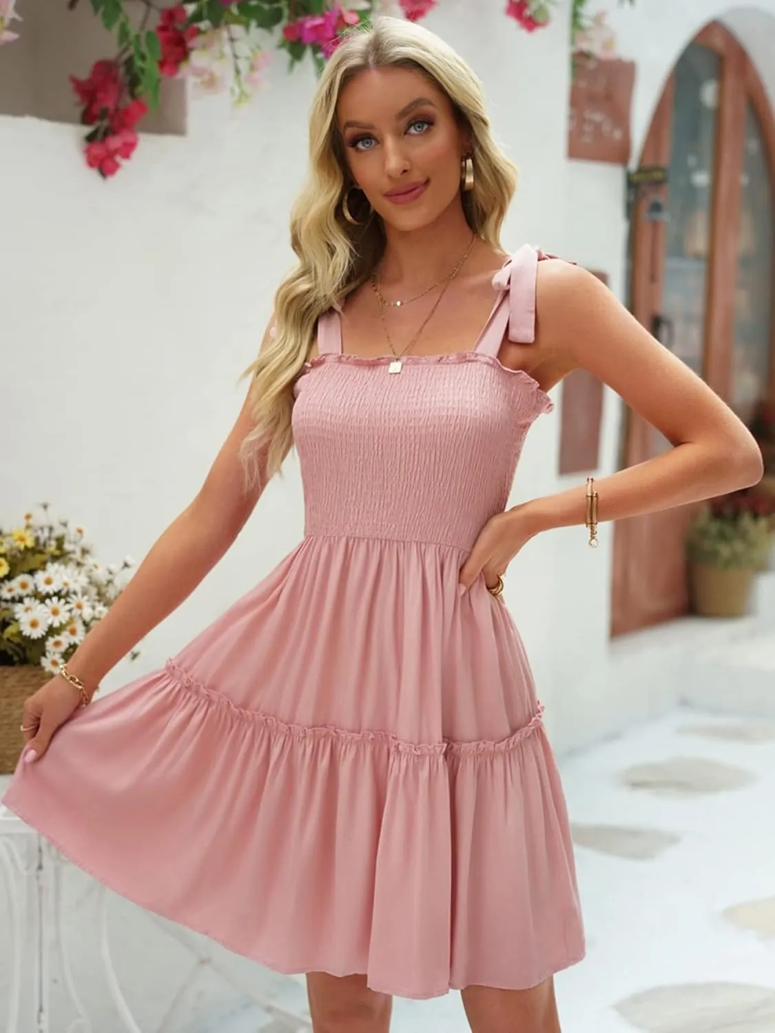 Womens Summer Casual Dresses Spaghetti Strap Smocked Mini Dress