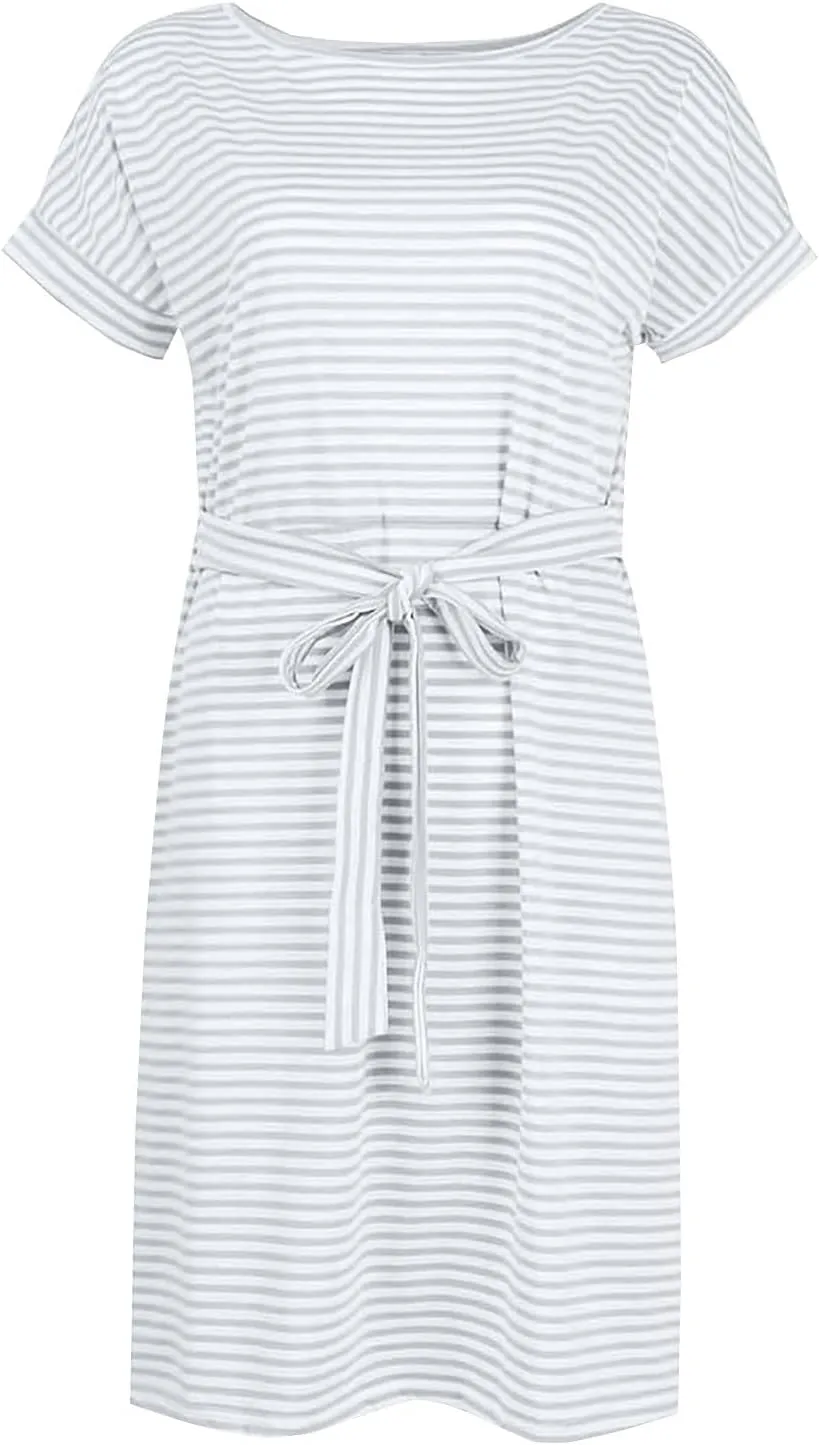 Womens Summer Dresses 2025 Casual Tie Front Short Sleeve A Line Midi Shirt Dress Beach Vacation Clothes