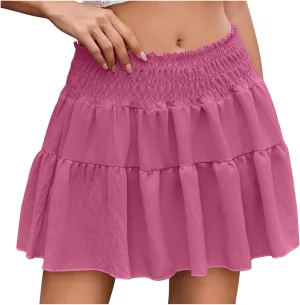 Womens Summer Mini Skirts 2025 Vacation Cute Skirt Ruffle Elastic Waist A-Line Pleated Skirt Beach Party Short Skirt