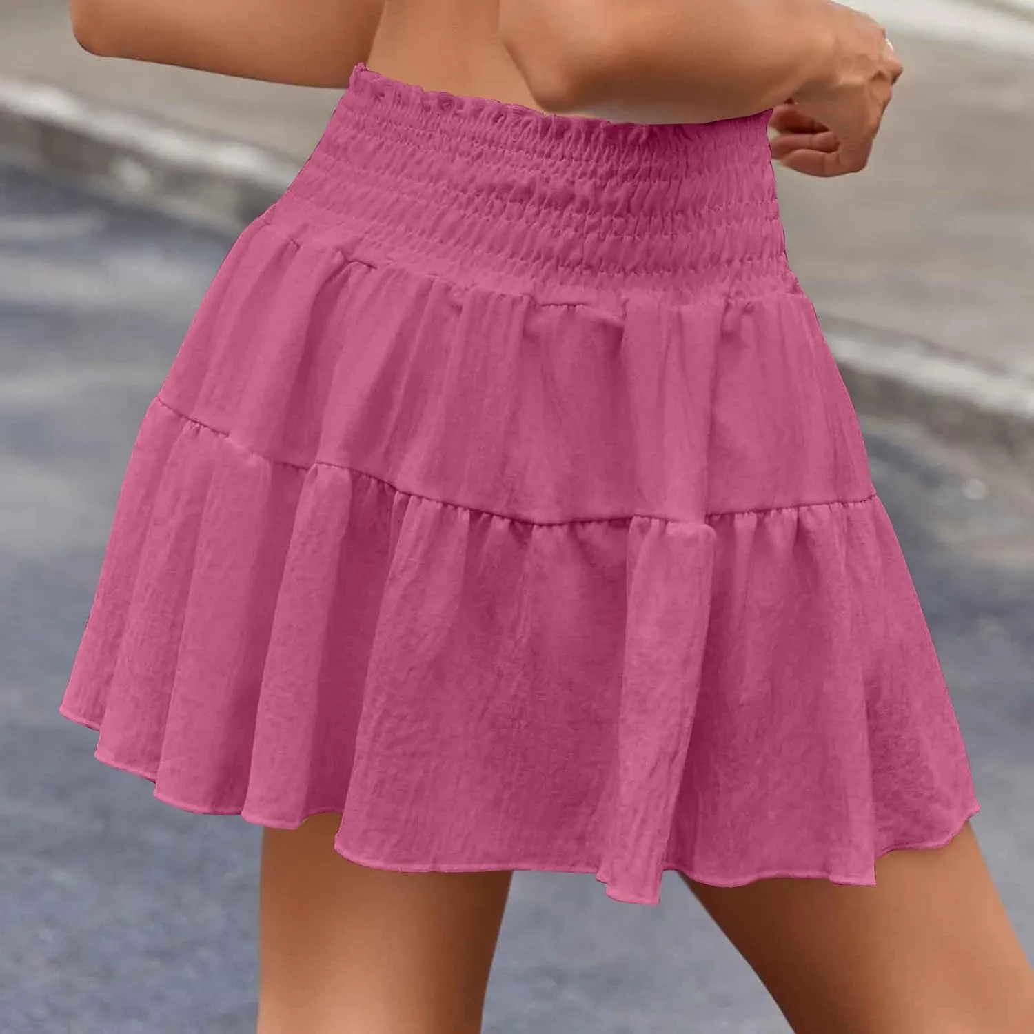 Womens Summer Mini Skirts 2025 Vacation Cute Skirt Ruffle Elastic Waist A-Line Pleated Skirt Beach Party Short Skirt