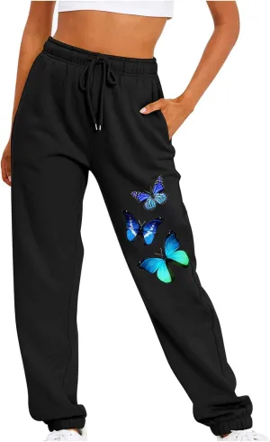 Women's Sweatpants Cinch Bottom High Waisted Workout Athletic Joggers Butterfly Print Lounge Yoga Pants Pockets