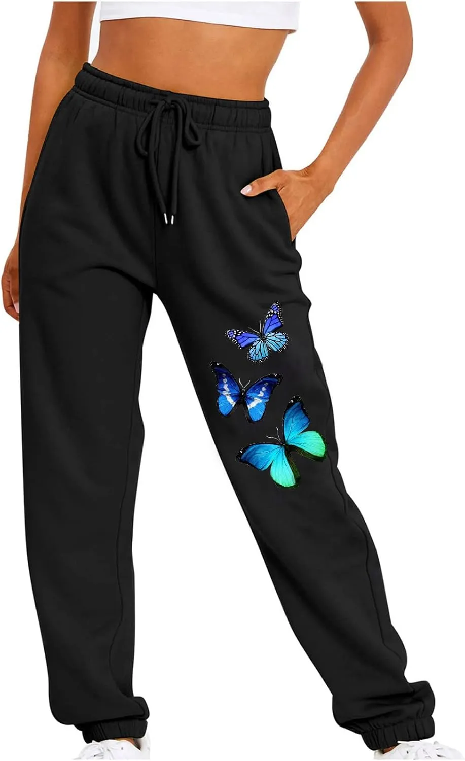 Women's Sweatpants Cinch Bottom High Waisted Workout Athletic Joggers Butterfly Print Lounge Yoga Pants Pockets