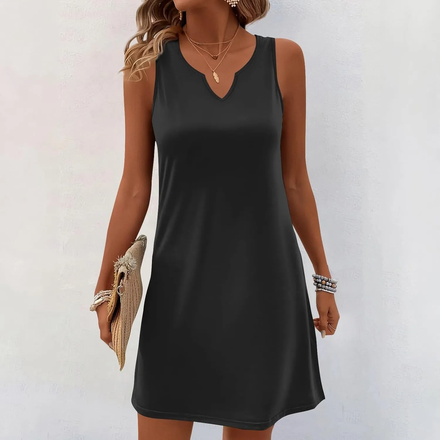 Women's Tank Nightgown Dresses V Neck Sleepshirts Soft Dress Sleeveless Solid Color Chemise Nightdress S-XXL