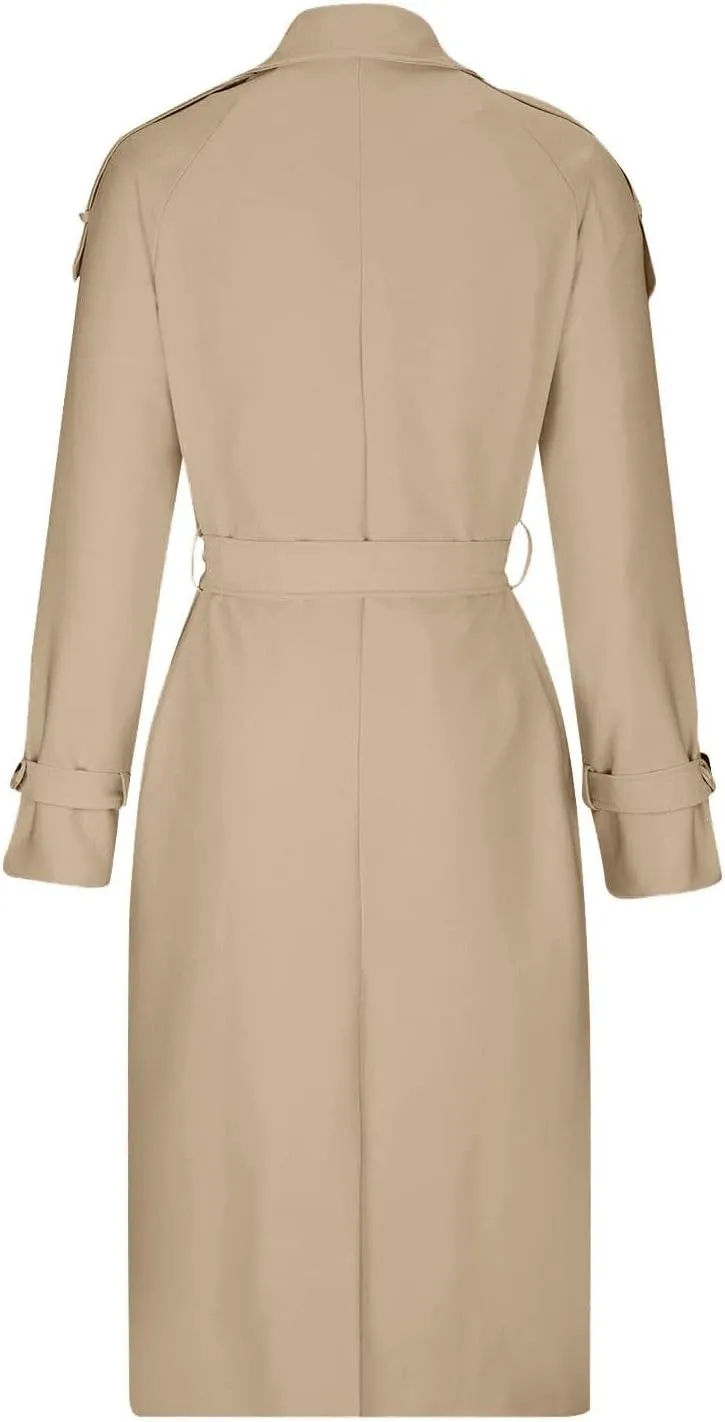 Women's Trench Coat Double Breasted Long Trench Coat Spring Fall Fashion Windproof Classic Lapel Overcoat with Belt