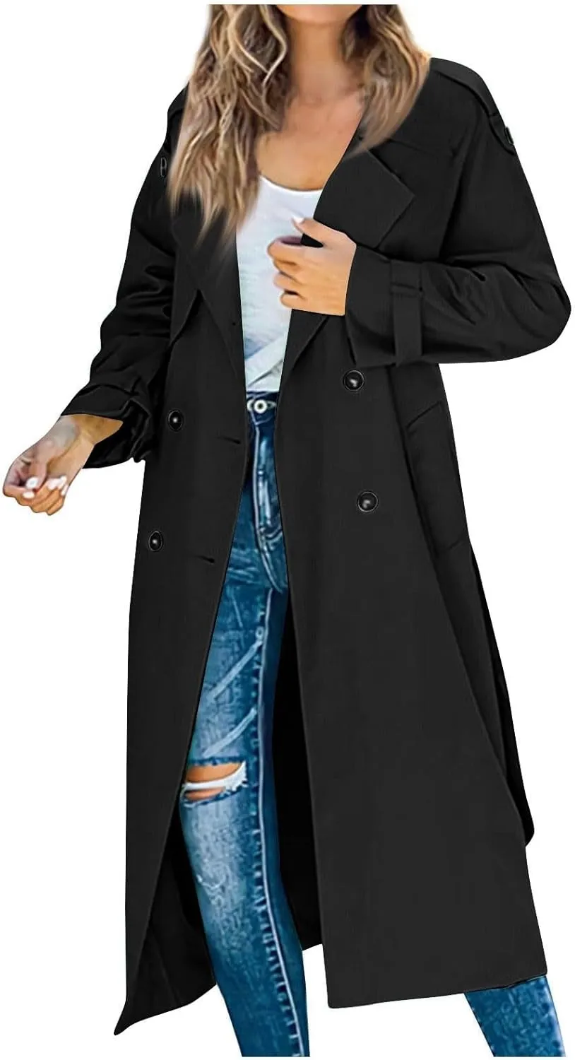 Women's Trench Coat Double Breasted Long Trench Coat Spring Fall Fashion Windproof Classic Lapel Overcoat with Belt