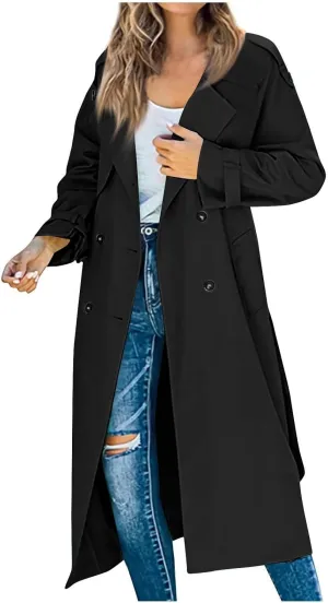 Women's Trench Coat Double Breasted Long Trench Coat Spring Fall Fashion Windproof Classic Lapel Overcoat with Belt