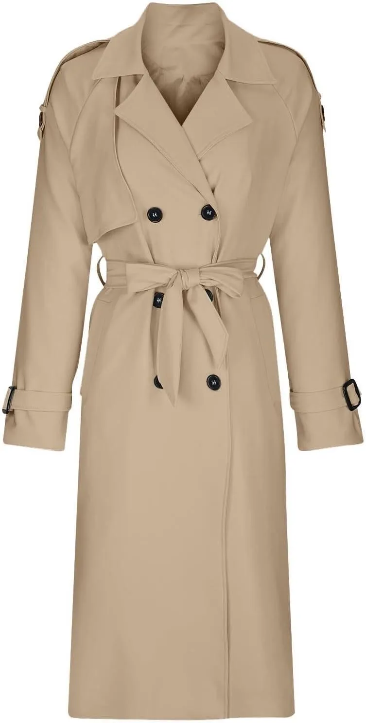 Women's Trench Coat Double Breasted Long Trench Coat Spring Fall Fashion Windproof Classic Lapel Overcoat with Belt