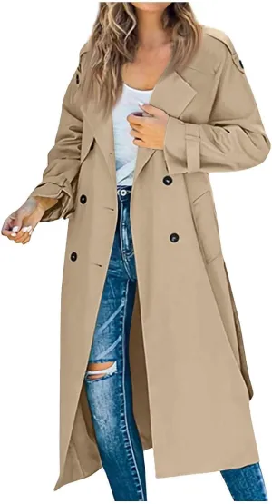 Women's Trench Coat Double Breasted Long Trench Coat Spring Fall Fashion Windproof Classic Lapel Overcoat with Belt