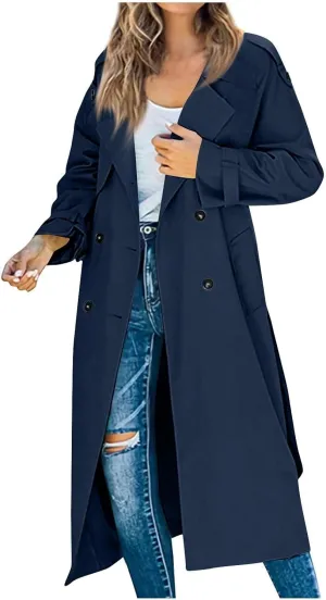 Women's Trench Coat Double Breasted Long Trench Coat Spring Fall Fashion Windproof Classic Lapel Overcoat with Belt