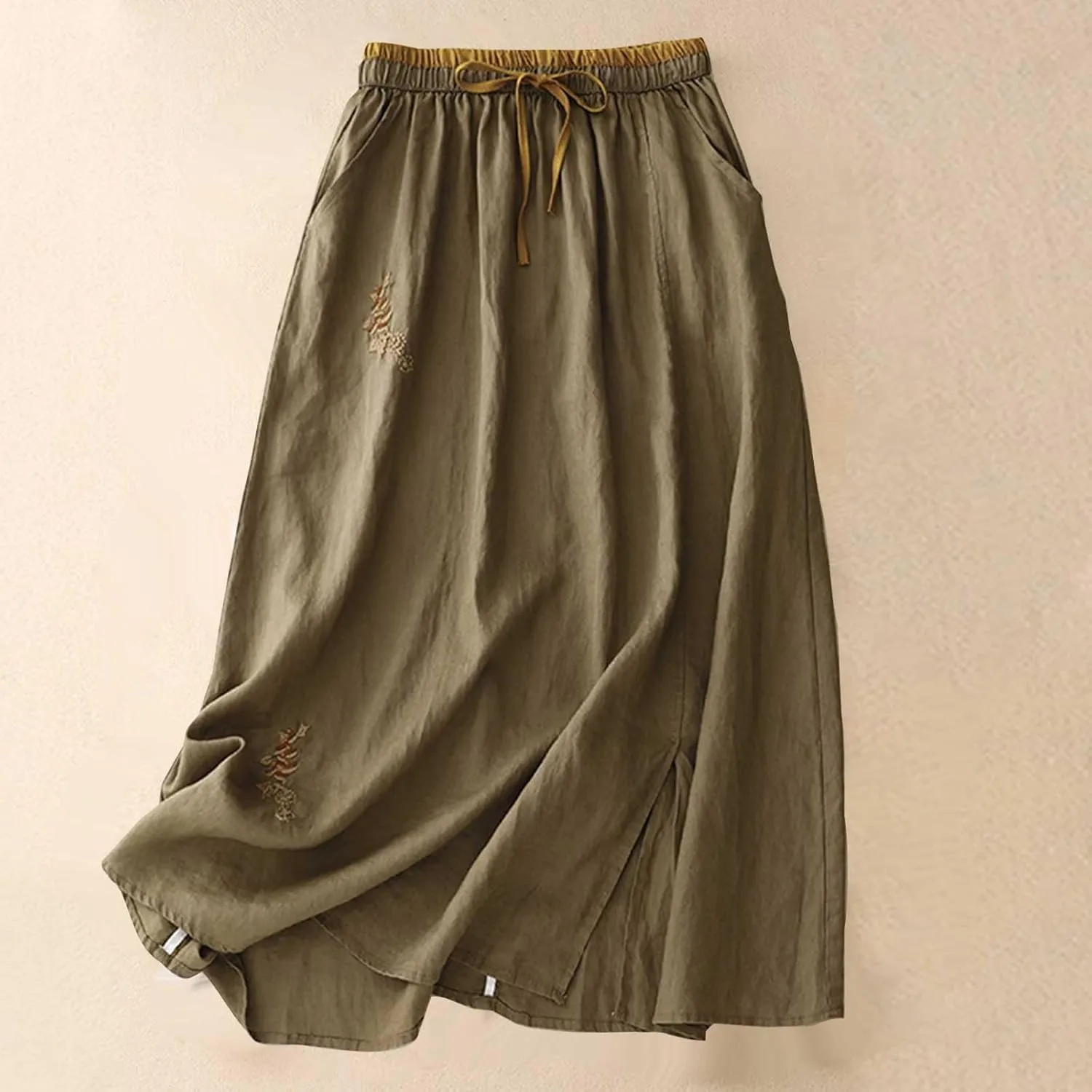 Womens Vintage Cotton Linen Midi Skirt Summer Beach Boho Embroidered Skirts Elastic High Waist A-Line Slit Pockets Skirt