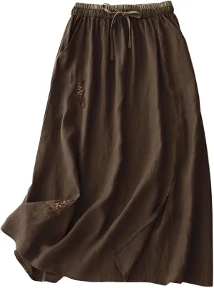 Womens Vintage Cotton Linen Midi Skirt Summer Beach Boho Embroidered Skirts Elastic High Waist A-Line Slit Pockets Skirt