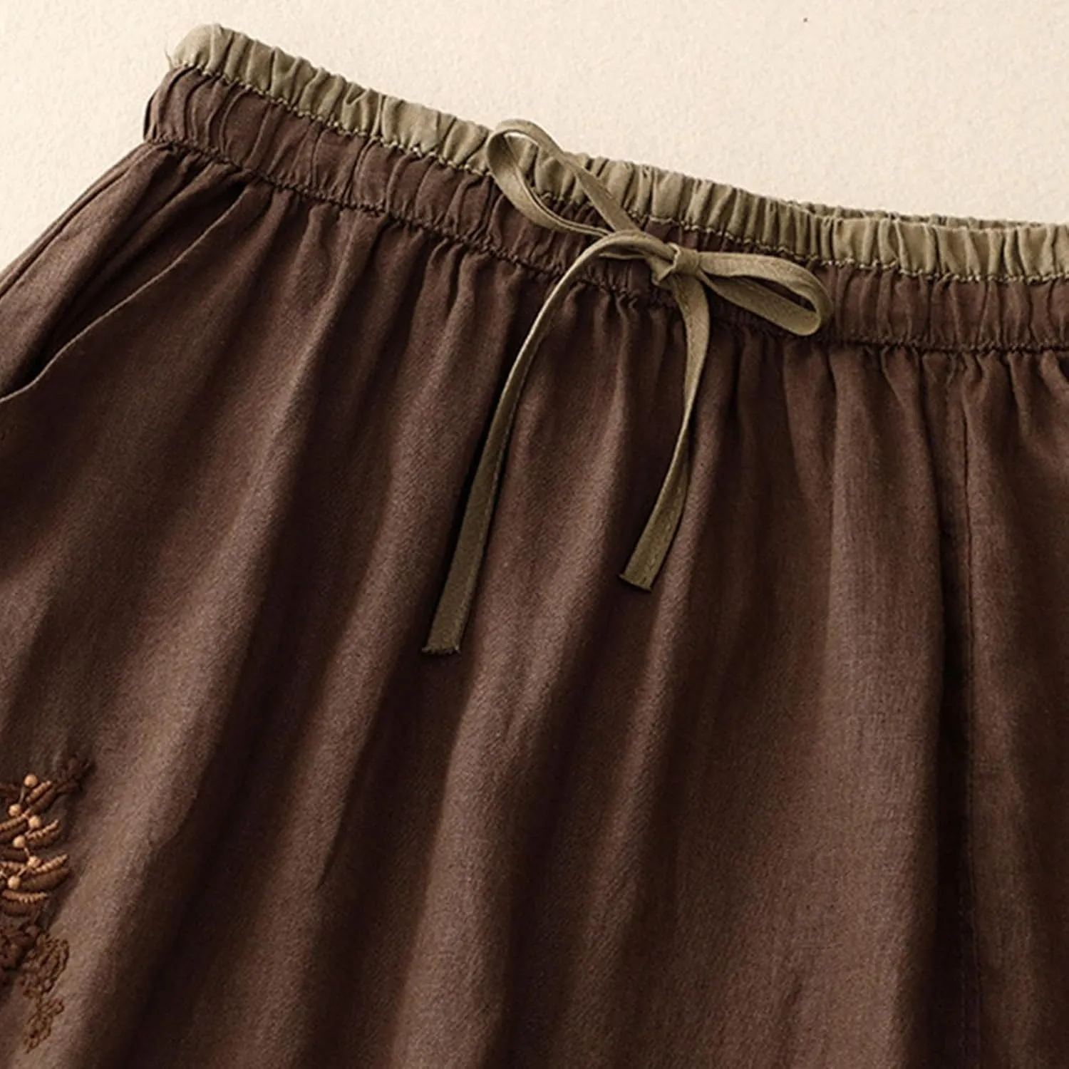 Womens Vintage Cotton Linen Midi Skirt Summer Beach Boho Embroidered Skirts Elastic High Waist A-Line Slit Pockets Skirt