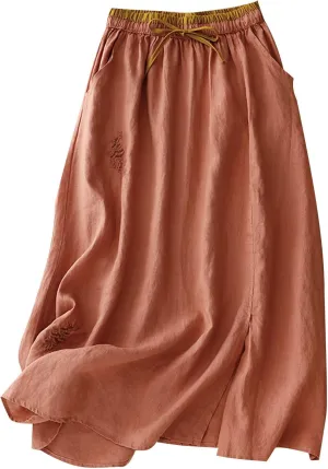 Womens Vintage Cotton Linen Midi Skirt Summer Beach Boho Embroidered Skirts Elastic High Waist A-Line Slit Pockets Skirt
