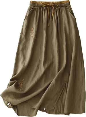 Womens Vintage Cotton Linen Midi Skirt Summer Beach Boho Embroidered Skirts Elastic High Waist A-Line Slit Pockets Skirt