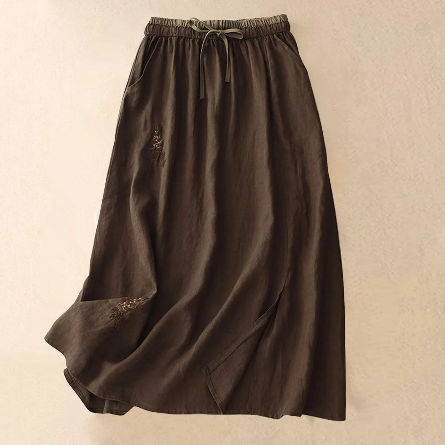 Womens Vintage Cotton Linen Midi Skirt Summer Beach Boho Embroidered Skirts Elastic High Waist A-Line Slit Pockets Skirt