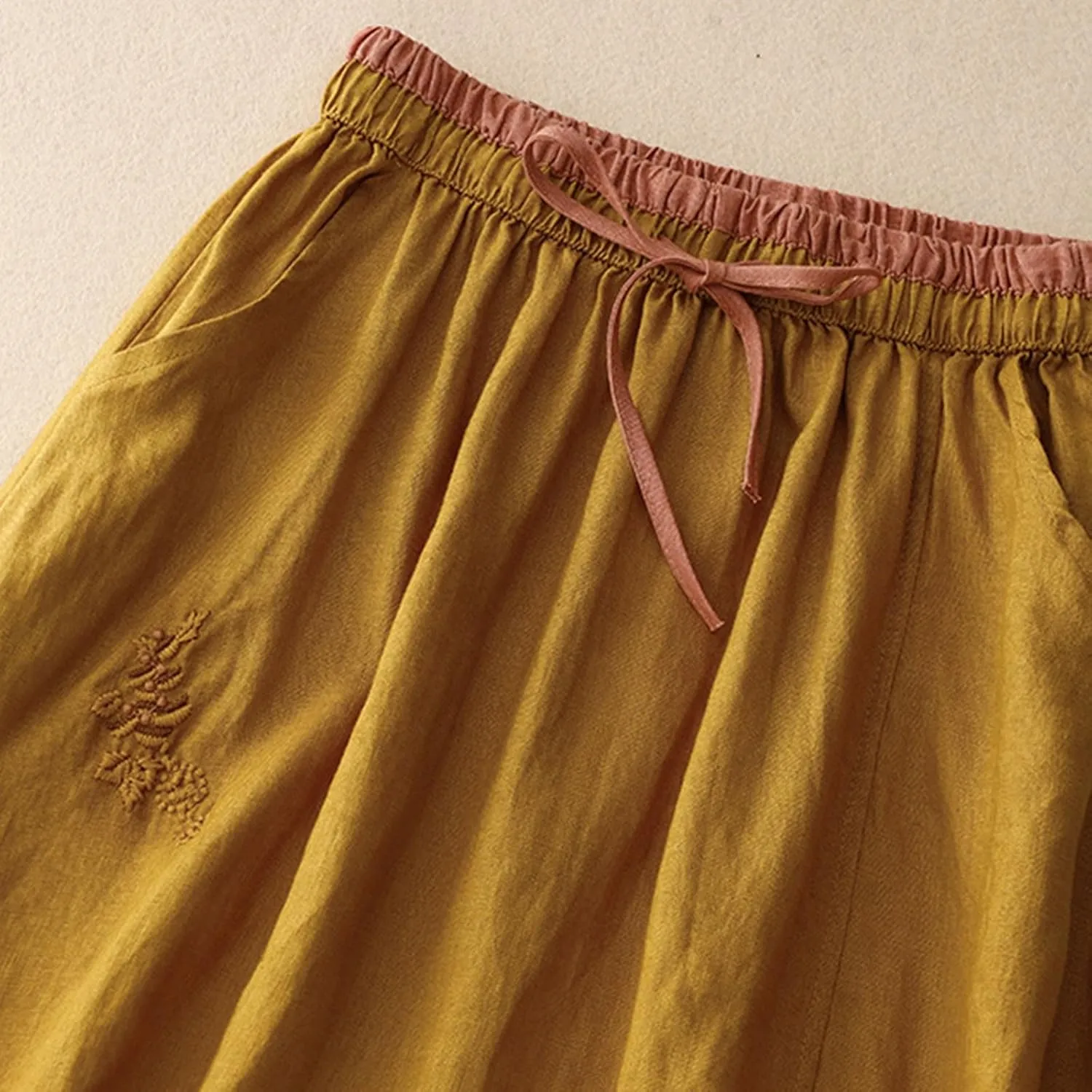 Womens Vintage Cotton Linen Midi Skirt Summer Beach Boho Embroidered Skirts Elastic High Waist A-Line Slit Pockets Skirt