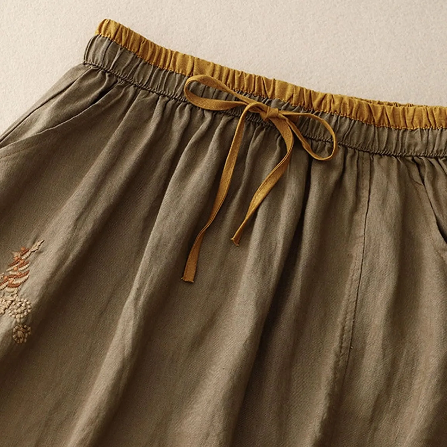 Womens Vintage Cotton Linen Midi Skirt Summer Beach Boho Embroidered Skirts Elastic High Waist A-Line Slit Pockets Skirt