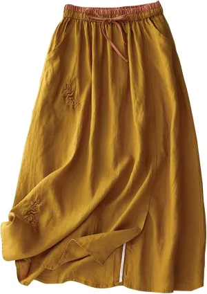 Womens Vintage Cotton Linen Midi Skirt Summer Beach Boho Embroidered Skirts Elastic High Waist A-Line Slit Pockets Skirt