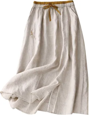 Womens Vintage Cotton Linen Midi Skirt Summer Beach Boho Embroidered Skirts Elastic High Waist A-Line Slit Pockets Skirt