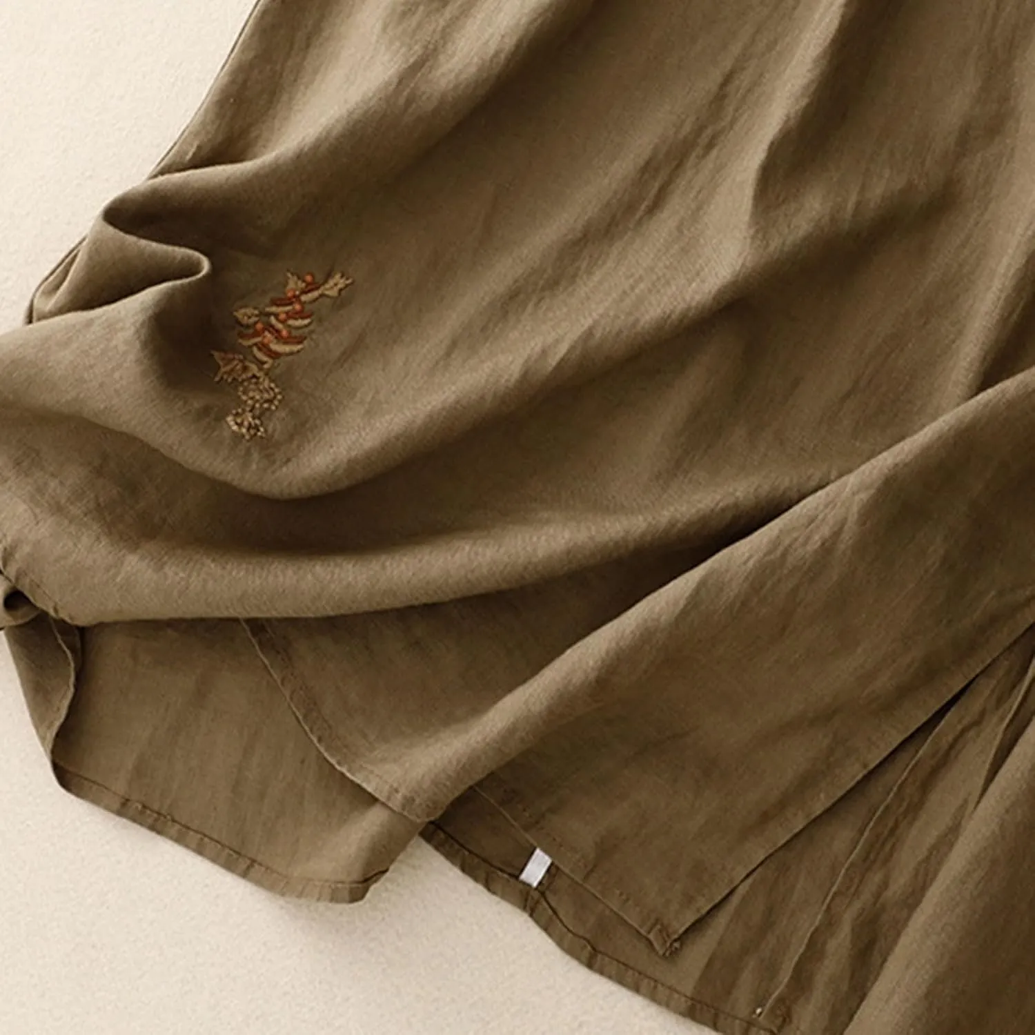 Womens Vintage Cotton Linen Midi Skirt Summer Beach Boho Embroidered Skirts Elastic High Waist A-Line Slit Pockets Skirt