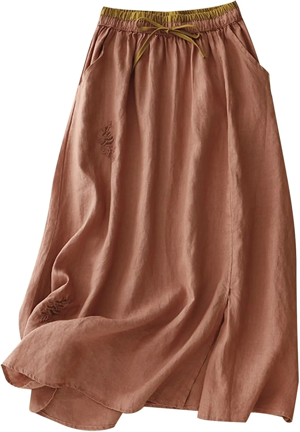 Womens Vintage Cotton Linen Midi Skirt Summer Beach Boho Embroidered Skirts Elastic High Waist A-Line Slit Pockets Skirt