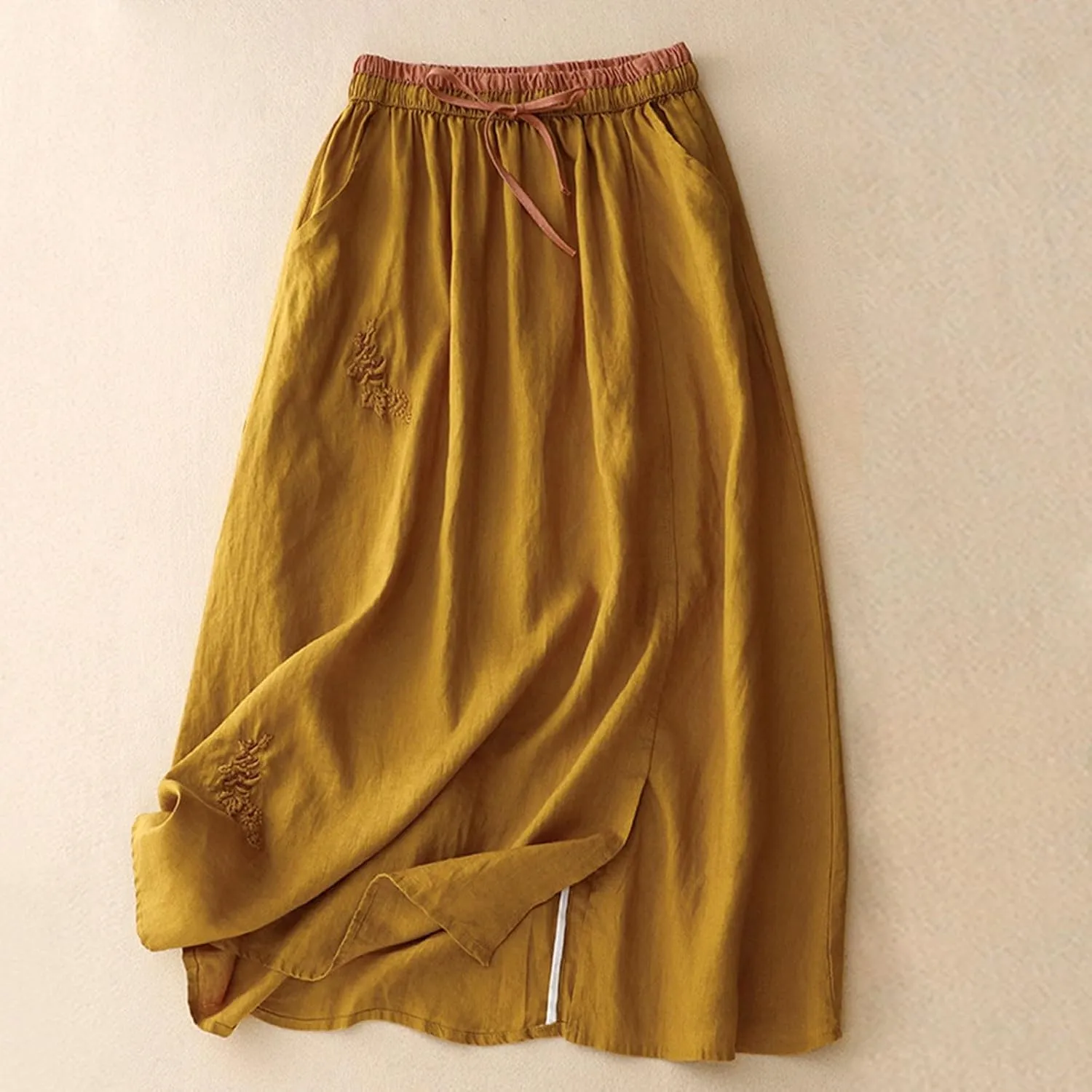 Womens Vintage Cotton Linen Midi Skirt Summer Beach Boho Embroidered Skirts Elastic High Waist A-Line Slit Pockets Skirt