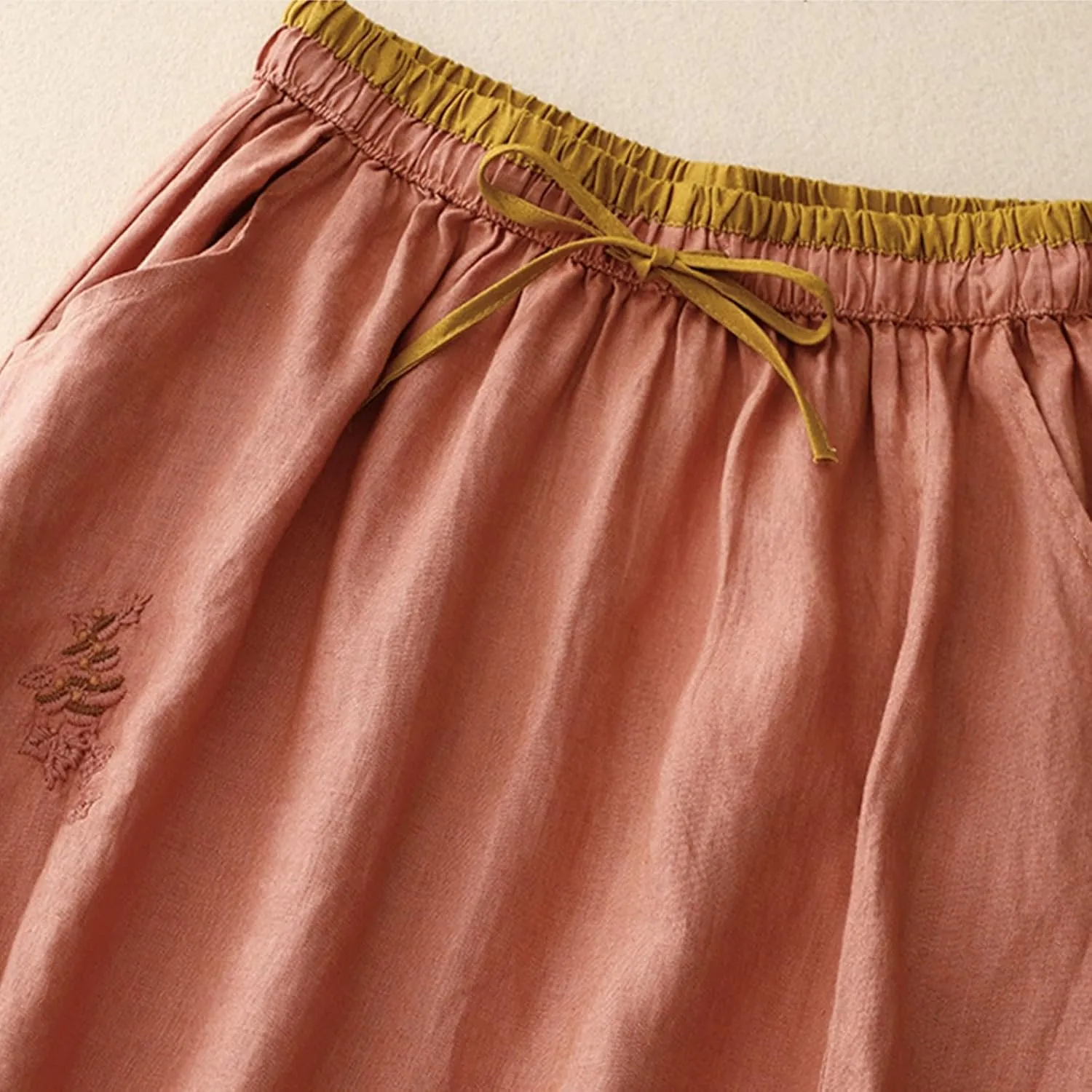 Womens Vintage Cotton Linen Midi Skirt Summer Beach Boho Embroidered Skirts Elastic High Waist A-Line Slit Pockets Skirt