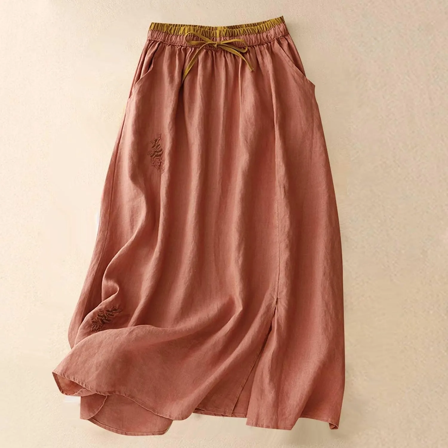 Womens Vintage Cotton Linen Midi Skirt Summer Beach Boho Embroidered Skirts Elastic High Waist A-Line Slit Pockets Skirt