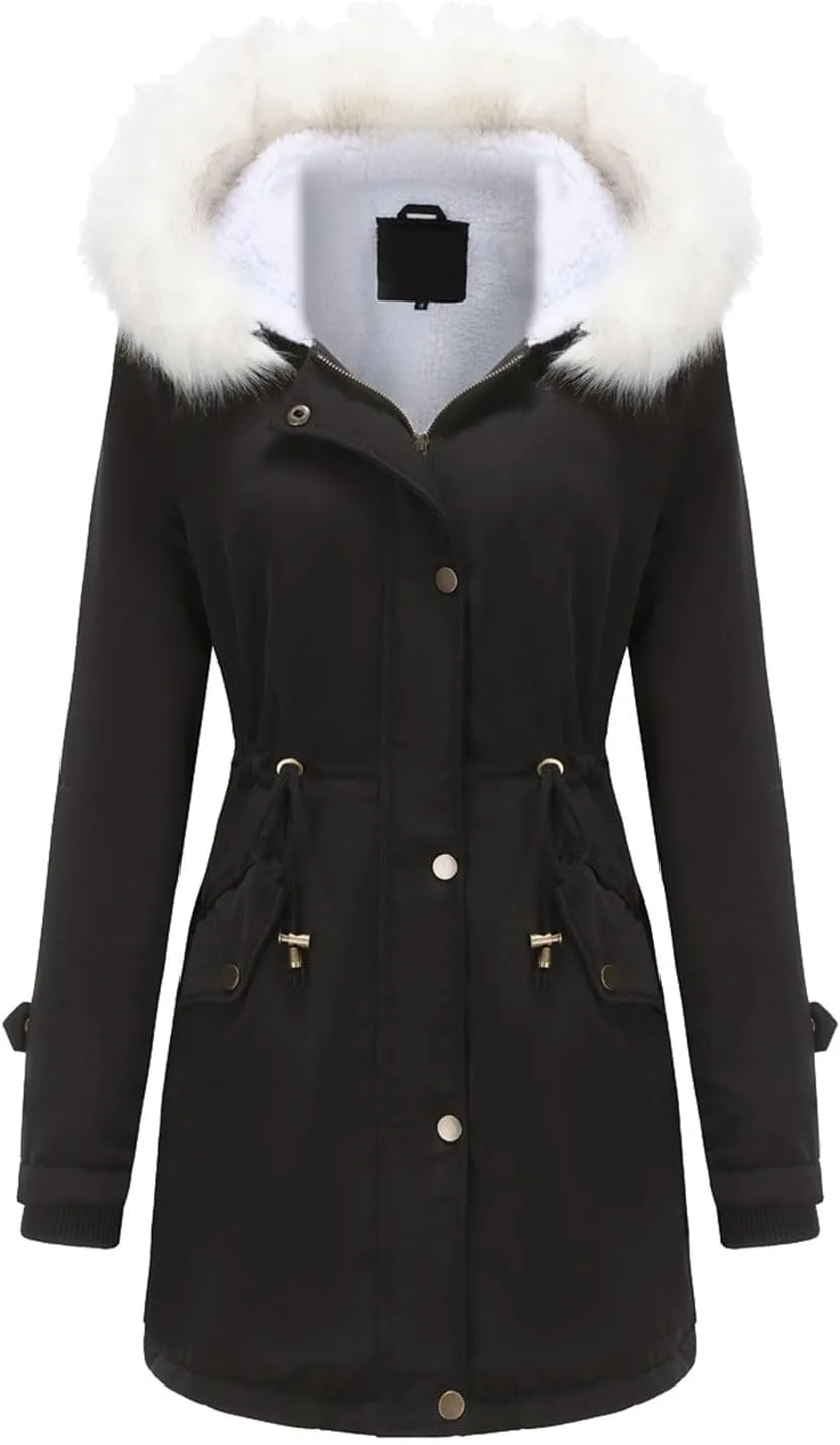 Women's Warm 2024 Winter Coats Windproof Zip Hooded Cotton Coat Plus Size Mid Length OuterwearTrendy Fleece Puffer Jackets
