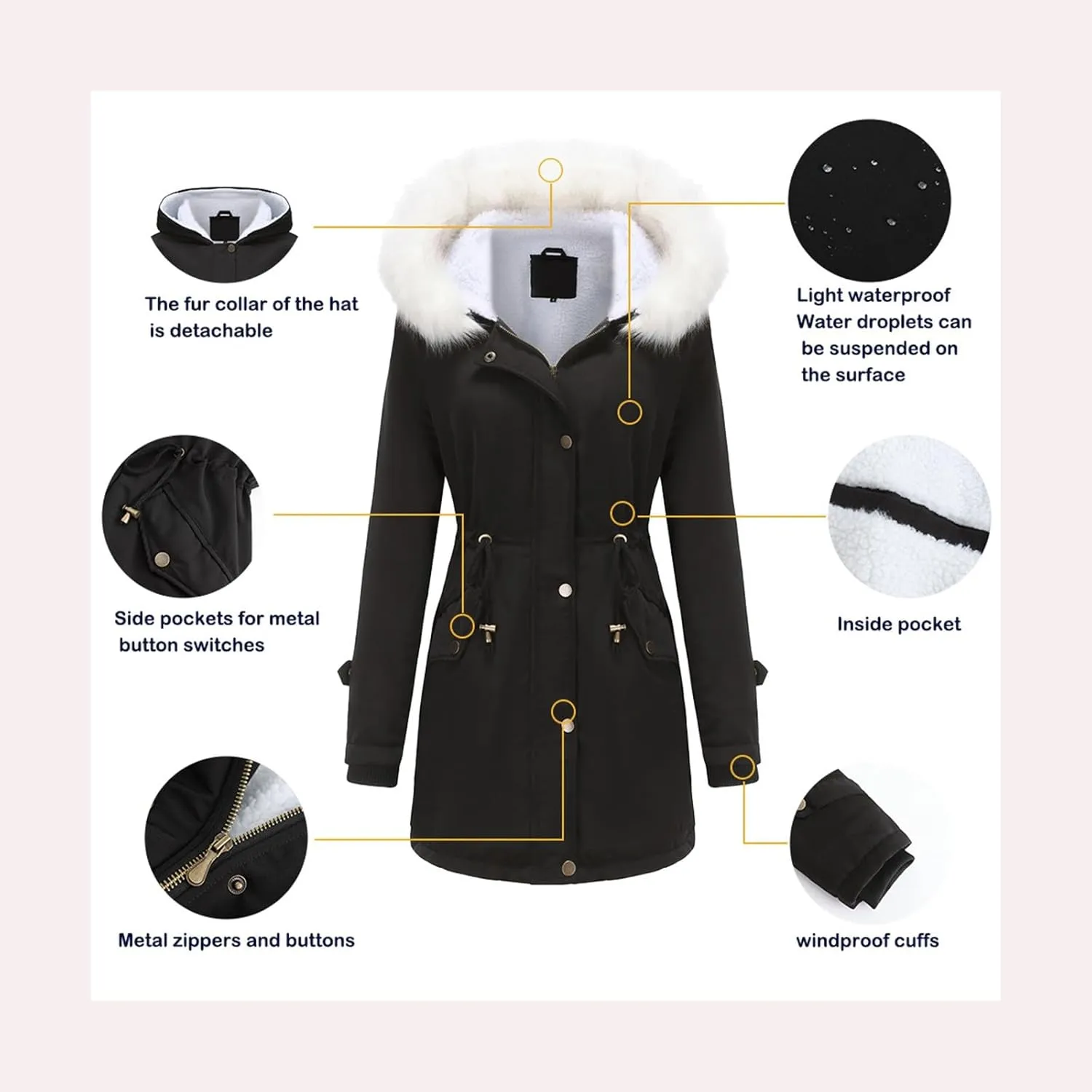Women's Warm 2024 Winter Coats Windproof Zip Hooded Cotton Coat Plus Size Mid Length OuterwearTrendy Fleece Puffer Jackets