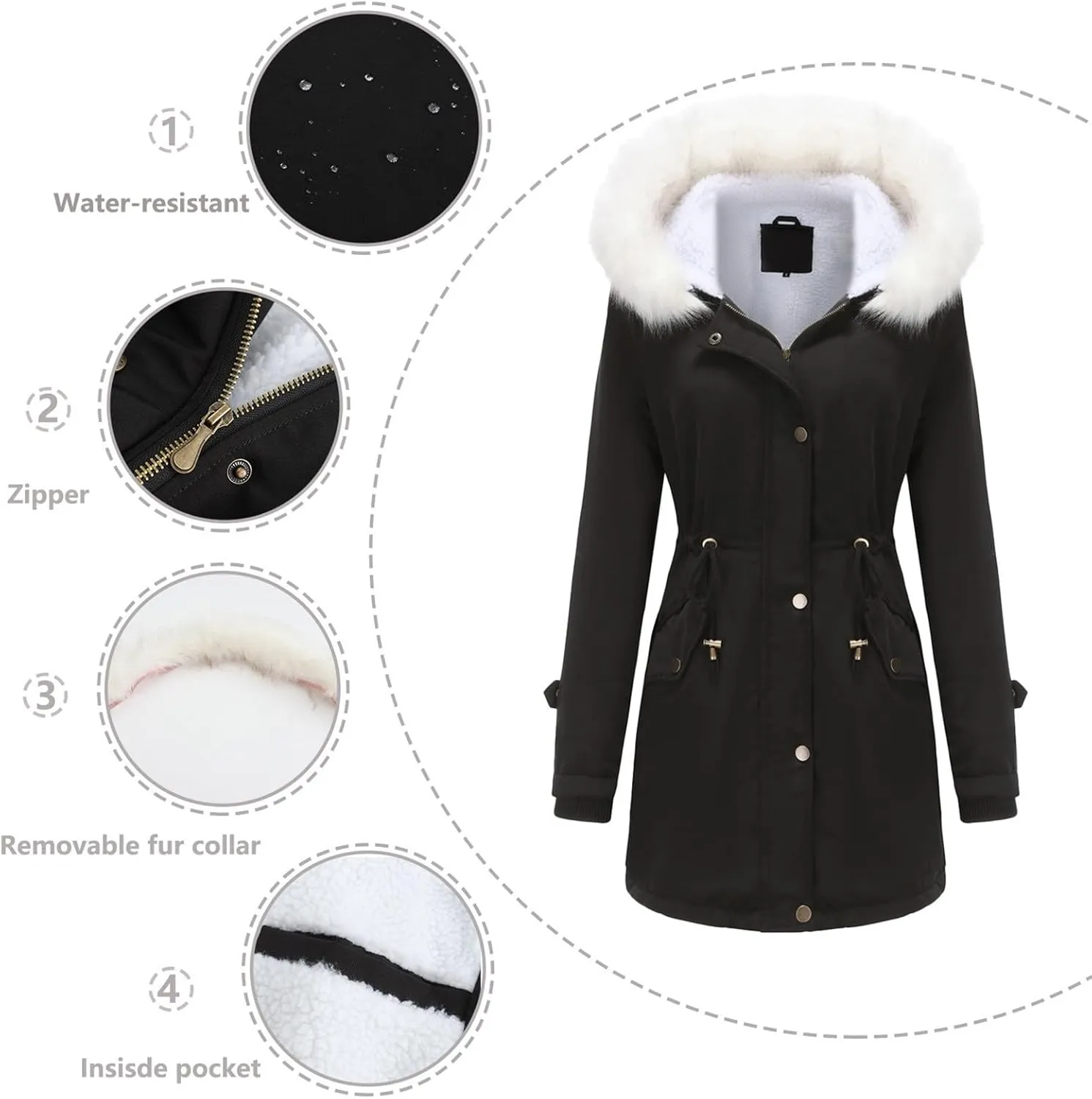 Women's Warm 2024 Winter Coats Windproof Zip Hooded Cotton Coat Plus Size Mid Length OuterwearTrendy Fleece Puffer Jackets