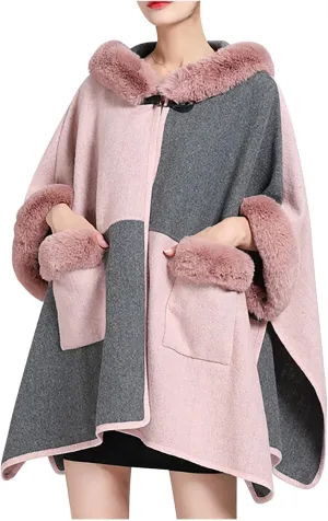 Women's Warm Faux Fur Trim Layer Cardigan Cloak Shawl Wraps Coat Cold Weather Shawls Oversized Cape
