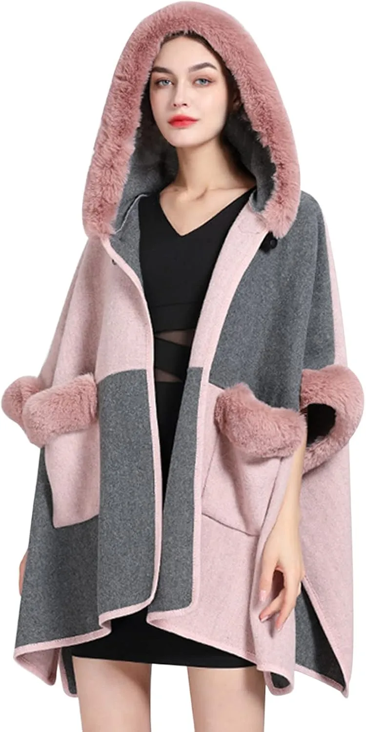Women's Warm Faux Fur Trim Layer Cardigan Cloak Shawl Wraps Coat Cold Weather Shawls Oversized Cape