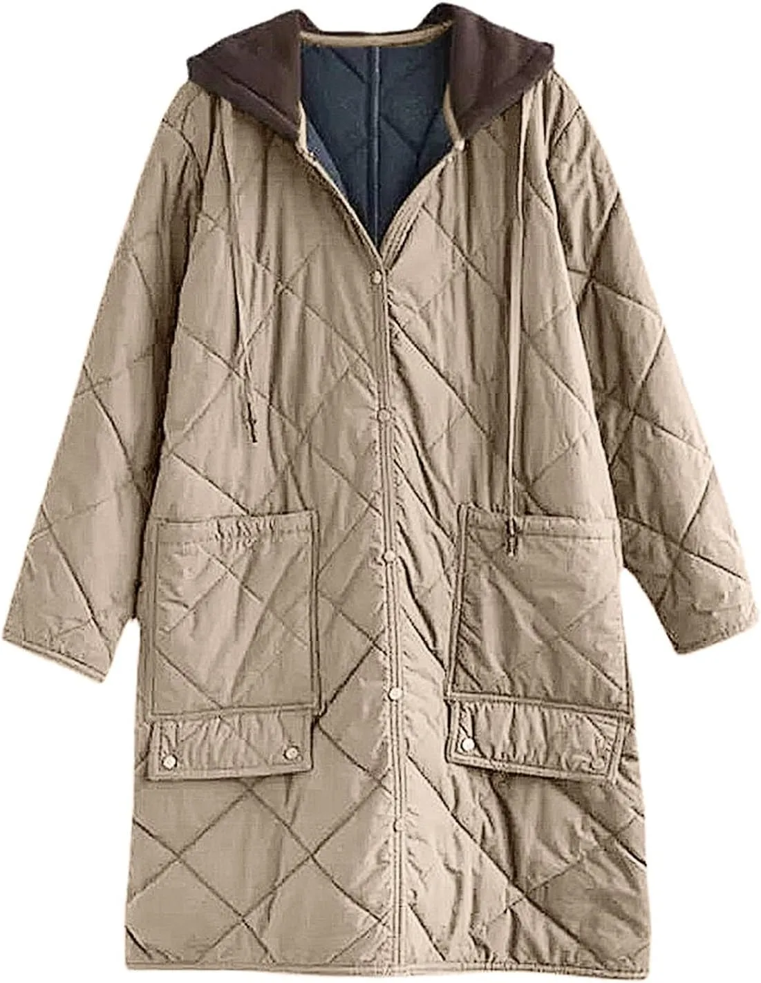 Women's Winter Casual Quilted Jackets with Hood Lightweight Button Down Long Puffer Jacket Outerwear Down Winter Coat