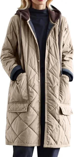 Women's Winter Casual Quilted Jackets with Hood Lightweight Button Down Long Puffer Jacket Outerwear Down Winter Coat