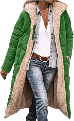 Womens Winter Coats Long Sherpa Fleece Lined Reversible Jacket Warm Faux Fur Coat Zip Up Quilted Outerwear with Hood
