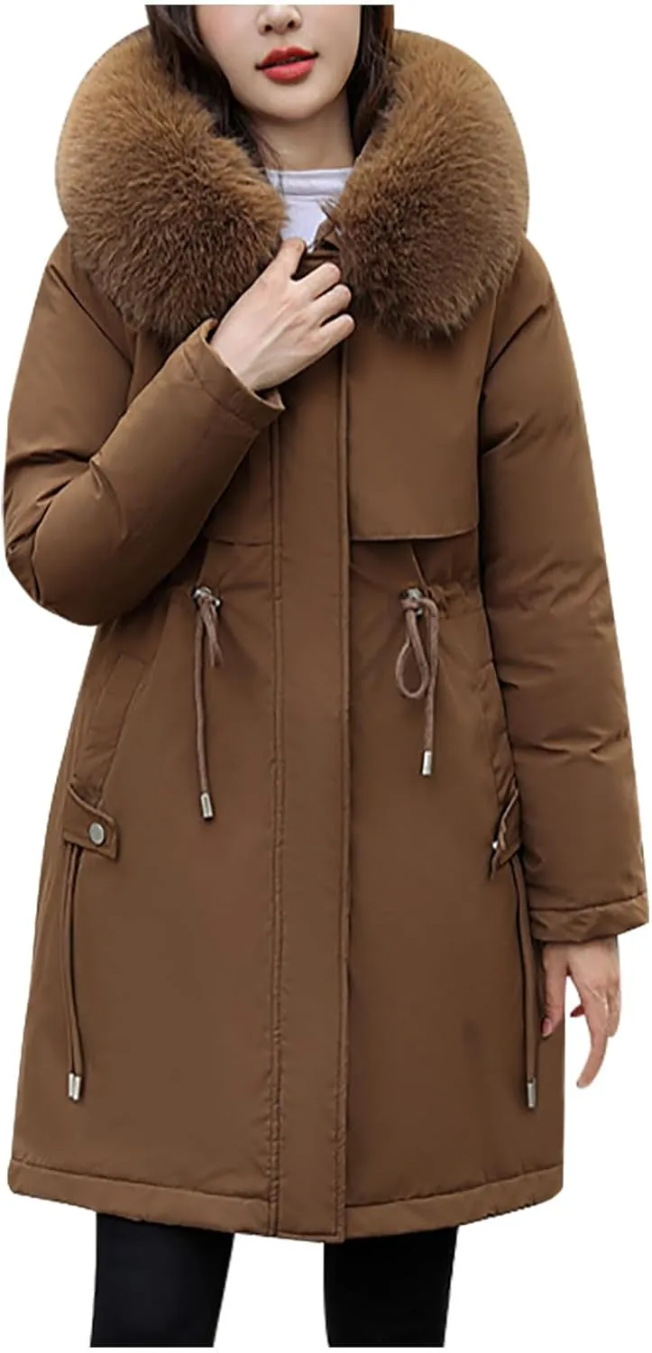 Women's Winter Down Parkas Mid-Length Zipper Puffer Coats Fur Collar Hooded Warm Down Jacket Coats 2024 Outerwear