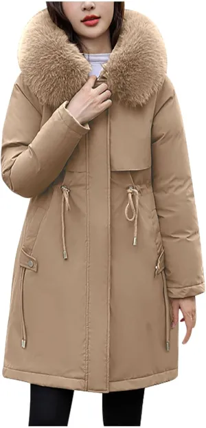 Women's Winter Down Parkas Mid-Length Zipper Puffer Coats Fur Collar Hooded Warm Down Jacket Coats 2024 Outerwear