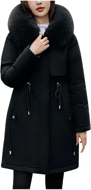 Women's Winter Down Parkas Mid-Length Zipper Puffer Coats Fur Collar Hooded Warm Down Jacket Coats 2024 Outerwear