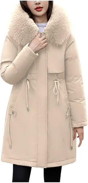 Women's Winter Down Parkas Mid-Length Zipper Puffer Coats Fur Collar Hooded Warm Down Jacket Coats 2024 Outerwear