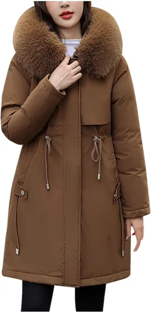 Women's Winter Down Parkas Mid-Length Zipper Puffer Coats Fur Collar Hooded Warm Down Jacket Coats 2024 Outerwear